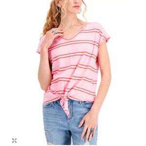 Style & Co.Tops Pink Striped Cap Sleeve Tie Front Casual Blouse Shirt Petite
